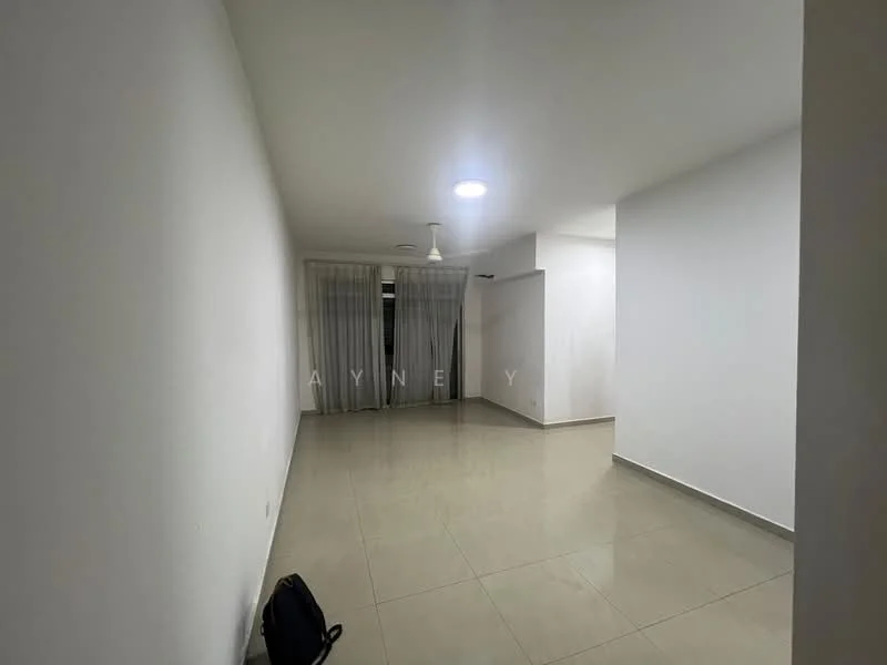 Room features: white painted walls, glossy tile flooring, recessed downlights, ceiling fan, floor-to-ceiling windows with sheer curtains; style: modern.