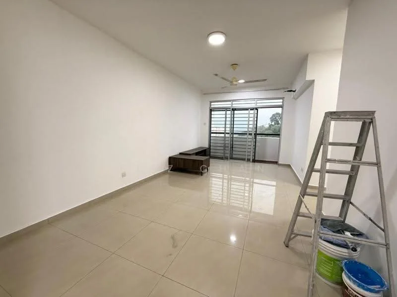 Living features: white painted walls, glossy ceramic tile flooring, ceiling fan, large sliding glass door, window with view, built-in TV console, natural light from windows, ladder, paint buckets; style: modern; view: garden.