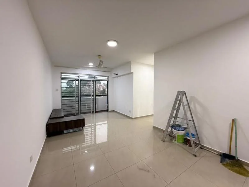 Living features: white painted walls, glossy ceramic tile flooring, recessed downlights, sliding glass door, floor-to-ceiling windows, ceiling fan, wooden TV console, ladder, cleaning supplies, broom, mop, open layout; style: modern; view: garden.