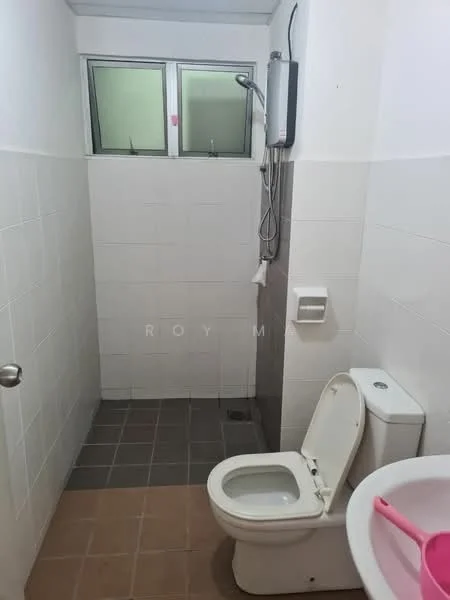 Bathroom features: white tiled walls, grey tiled flooring, one-piece toilet, chrome basin mixer faucet, shower with handheld showerhead, wall-mounted water heater, small window for ventilation, toilet paper holder, sink with circular basin; style: modern.