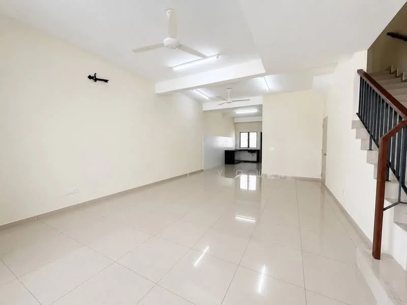 Room features: white painted walls, polished ceramic tile flooring, ceiling with recessed downlights, 2 ceiling fans, staircase visible in background, large window for natural light, open layout, neutral color scheme; style: modern.
