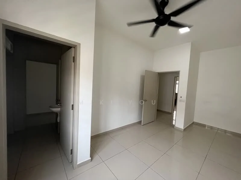 Room features: white painted walls, tile flooring, 5-blade ceiling fan, door leading to another room, door leading to bathroom, natural light from window, neutral color scheme, high ceiling; style: modern.