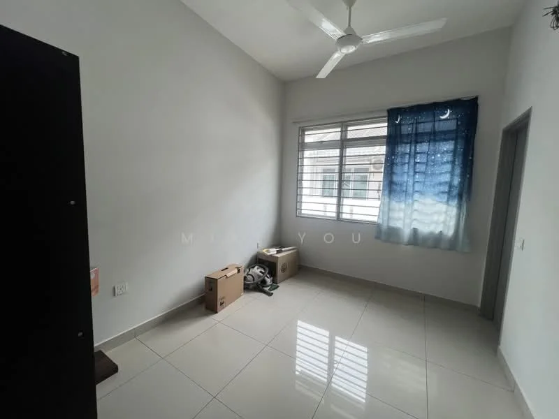Room features: white painted walls, glossy ceramic tile flooring, ceiling fan, large window with horizontal bars, blue and white sheer curtains, boxes on the floor, light from window reflecting on the floor; style: modern.