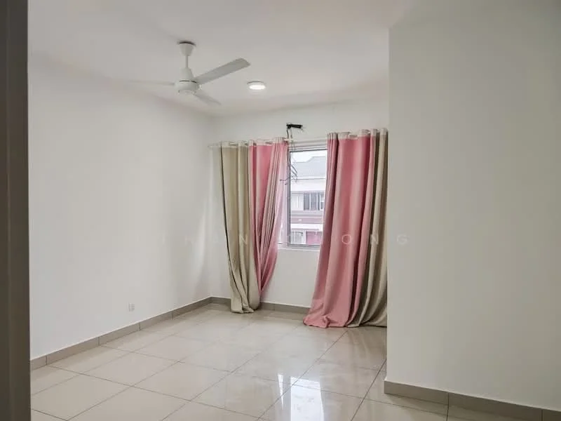 Room features: white painted walls, cream tiled flooring, 5-blade ceiling fan with light, floor-to-ceiling window, sheer curtains in beige, blackout curtains in pink, natural light from window; style: modern.