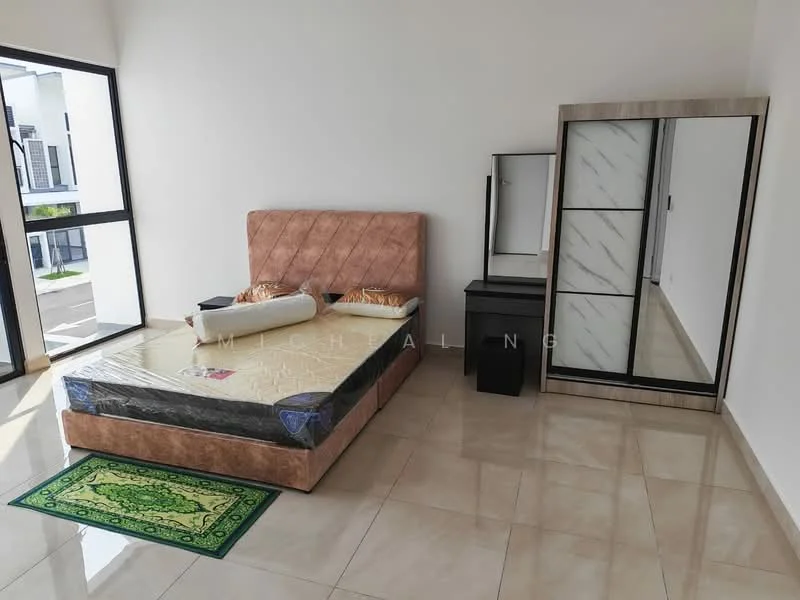 Bedroom features: queen-size bed with upholstered headboard, mattress on bed frame, floor-to-ceiling windows, light-colored walls, glossy tile flooring, built-in wardrobe with mirrored doors, nightstand, decorative area rug; style: modern.