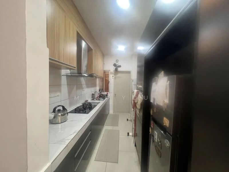 Kitchen features: wood cabinetry, white marble countertop, stainless-steel sink, chrome pull-down faucet, 4-burner gas hob, built-in oven, refrigerator, tile backsplash, white tiled walls, grey tile flooring, recessed LED downlights; style: modern.