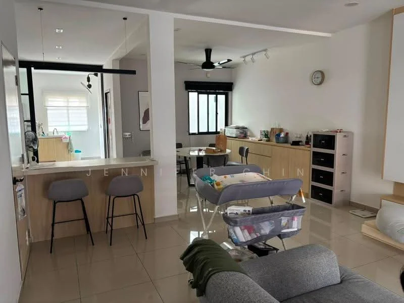 Living features: grey fabric sofa, coffee table, floor-to-ceiling windows, 5-blade ceiling fan with light, recessed downlights, tile flooring, wall-mounted clock, open shelving, built-in cabinets, decorative items on shelves; style: modern. Kitchen features: kitchen island with bar stools, white cabinetry, countertop, sink, kitchen appliances visible, window with blinds; style: modern.