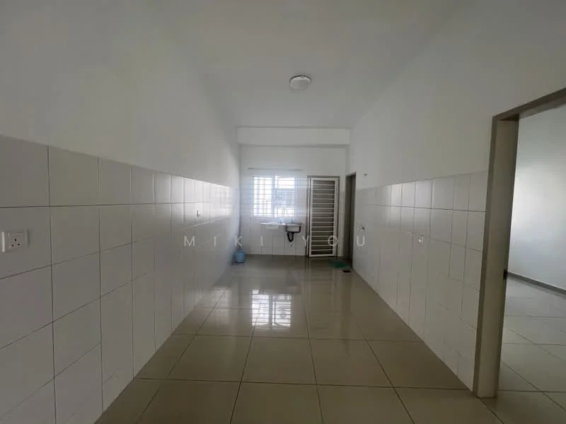 Room features: white painted walls, glossy ceramic tile flooring, ceiling light fixture, window with metal grille, doorway leading to another room, wall-mounted electrical outlets, clean and minimalistic design; style: minimalist.