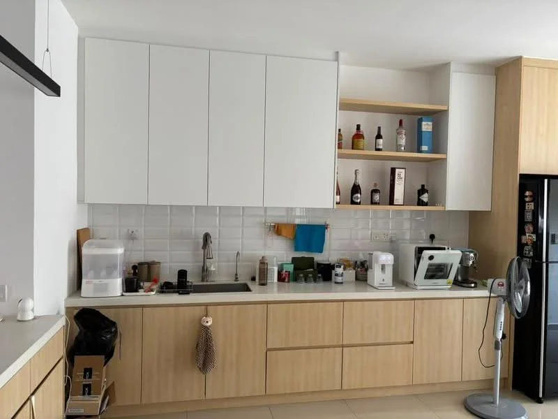 Kitchen features: white upper cabinets, wood lower cabinets, white countertop, stainless-steel sink, chrome pull-down faucet, white tile backsplash, built-in oven, microwave, toaster, kettle, dishwasher, refrigerator, 2-blade ceiling fan, open shelving, decorative bottles on shelf; style: modern.