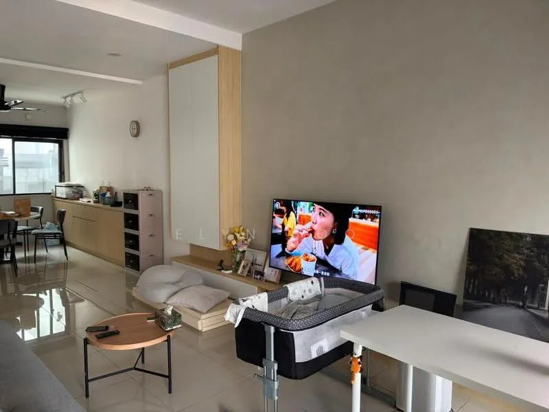 Living features: large wall-mounted TV, light wood cabinetry, grey accent wall, white painted walls, recessed downlights, sofa with cushions, coffee table, dining table with chairs, floor-to-ceiling windows, tile flooring, decorative wall art; style: modern; view: city.