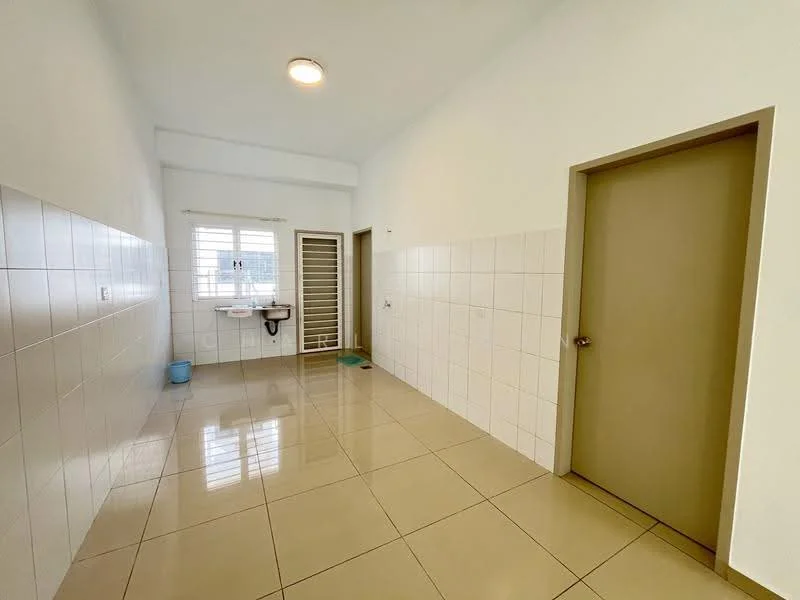 Room features: white painted walls, cream tiled flooring, window with white grille, single door, light fixture on ceiling, sink with tap, wall-mounted cabinet, floor-to-ceiling tiles on one wall; style: modern.