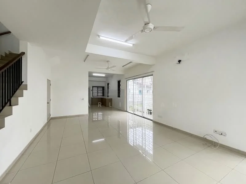 Living features: white painted walls, glossy ceramic tile flooring, 5-blade ceiling fan with light, 2 ceiling fans, floor-to-ceiling windows, sliding glass door, natural light, open layout, neutral color scheme, built-in cabinetry, recessed lighting; style: modern; view: garden.