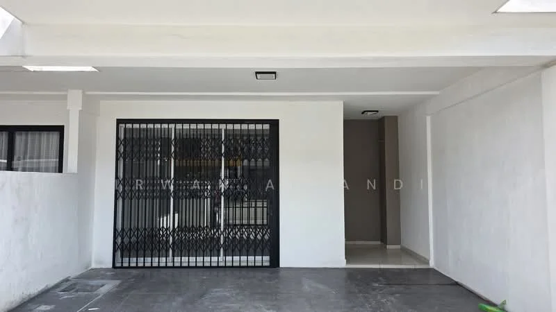 Exterior features: white painted facade, security grille door, grey concrete flooring, overhead lighting, plain wall surface, single-storey structure; style: modern.