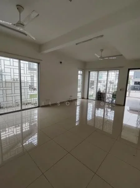Living features: white painted walls, glossy ceramic tile flooring, tray ceiling, 2 ceiling fans, floor-to-ceiling windows, sliding glass door, natural light, open layout; style: modern; view: garden.