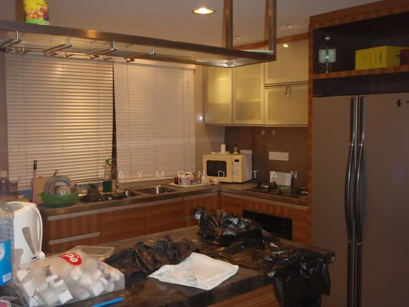Kitchen features: brown wooden cabinetry, black granite countertop, stainless-steel refrigerator, built-in microwave, freestanding oven, kitchen island with hanging lights, double-basin stainless-steel sink, chrome pull-down faucet, ceramic tile backsplash, window with blinds, under-cabinet lighting, open shelving, decorative items on countertop; style: modern.