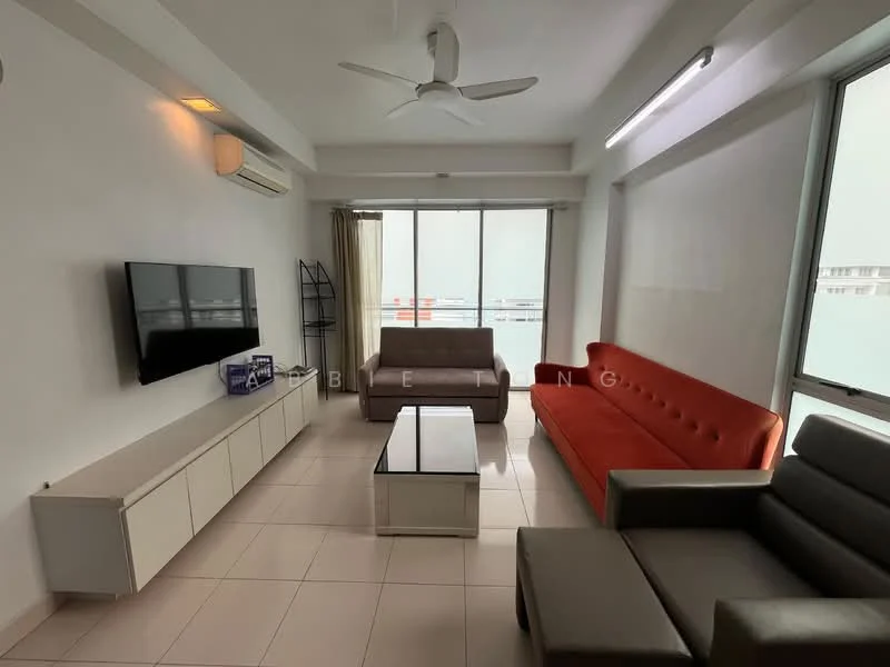 Living features: 3-seater fabric sofa in grey, 2-seater leather sofa in orange, coffee table with glass top, TV console with storage, wall-mounted flat-screen TV, floor-to-ceiling windows, curtains, air conditioning unit, recessed ceiling lights, white painted walls, tile flooring; style: modern; view: city.