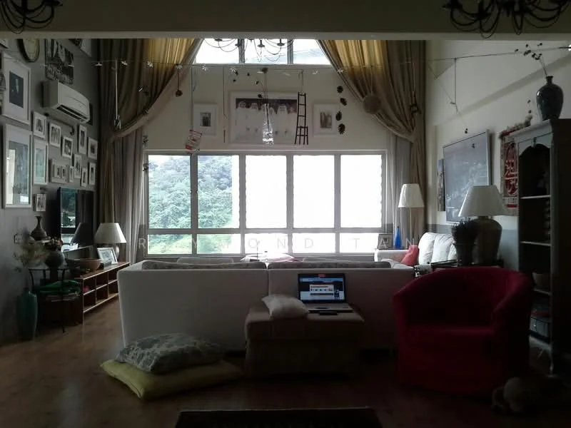Living features: wooden flooring, floor-to-ceiling windows, sheer curtains, 3-seater fabric sofa in white, red armchair, coffee table, TV console, wall-mounted TV, decorative wall art, hanging light fixture, air conditioning unit, decorative plants, area rug; style: contemporary; view: garden.