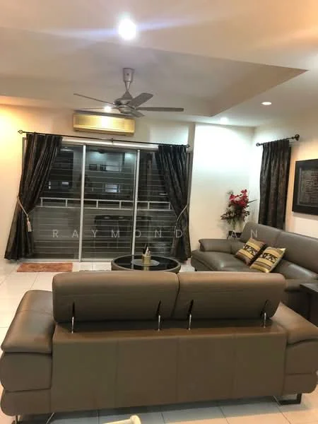 Living features: 3-seater leather sofa in beige, 2-seater fabric sofa in grey, coffee table, wall-mounted TV, floor-to-ceiling windows, sliding glass door, blackout curtains, ceiling fan with light, recessed downlights, decorative wall art, tile flooring, white painted walls; style: modern.