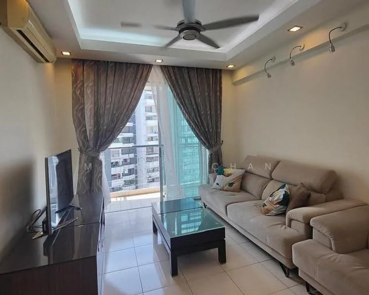 Living features: 3-seater fabric sofa in beige, coffee table, wall-mounted TV, TV console, 5-blade ceiling fan with light, floor-to-ceiling windows, sheer curtains, white painted walls, recessed downlights, tile flooring, decorative cushions, balcony view; style: modern; view: city.