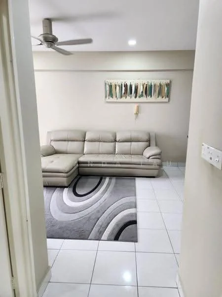 Living features: 3-seater leather sofa in light beige, ceiling fan, recessed LED downlights, area rug with circular pattern in grey and white, white painted walls, glossy white tile flooring, wall-mounted artwork with abstract design, floor-to-ceiling windows; style: modern.