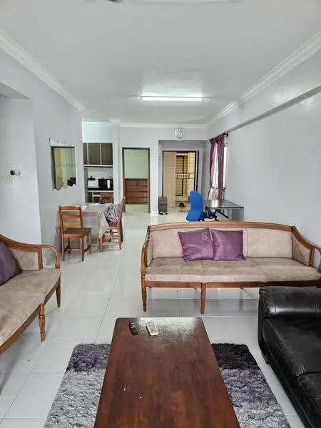 Living features: 3-seater fabric sofa in beige, 2-seater leather sofa in black, wooden coffee table, area rug with geometric pattern, wall-mounted TV, decorative mirror, purple throw pillows, white painted walls, crown moulding, recessed ceiling lights; style: modern. Dining features: 4-seater wooden dining table, wooden dining chairs, white painted walls, ceiling light fixture; style: modern. Kitchen features: dark wood cabinetry, black countertop, built-in oven, microwave, stainless-steel fridge, white tiled backsplash, ceramic tile flooring; style: modern.