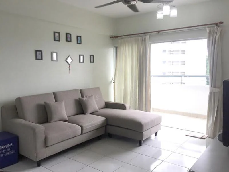 Living features: L-shape sectional sofa in light grey, 5-blade ceiling fan with integrated LED light, white painted walls, white tiled flooring, floor-to-ceiling sliding glass door, sheer curtains, decorative wall frames, coffee table, TV console; style: modern.