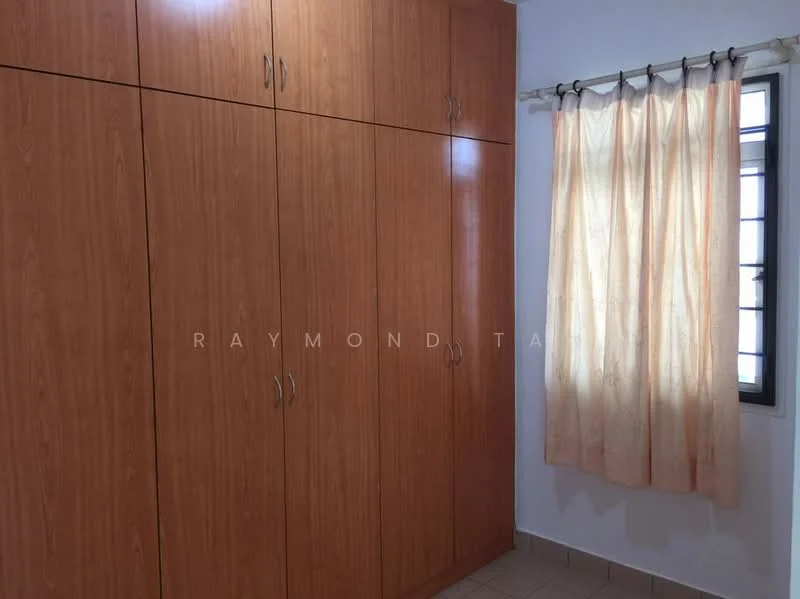 Room features: built-in wardrobe with wooden finish, cream curtains, window with black frame, tiled flooring, light-colored walls.