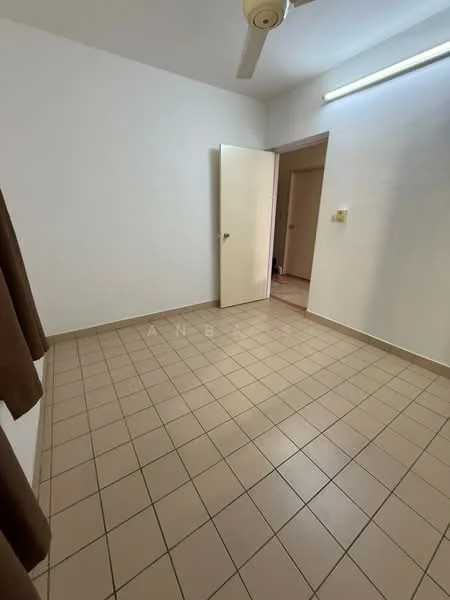 Room features: white painted walls, tile flooring, ceiling fan, single door, window with brown curtains, light fixture on ceiling.