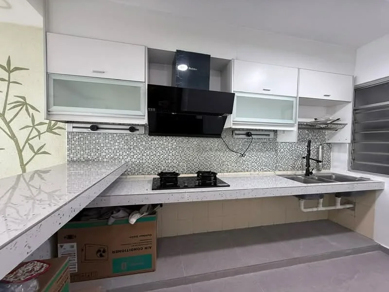 Kitchen features: white cabinetry with glass-front upper cabinets, grey speckled countertop, black built-in oven, black range hood, 2-burner gas hob, single-bowl stainless-steel sink, chrome pull-down faucet, mosaic tile backsplash, grey tiled flooring, wall-mounted storage shelves, open shelving, kitchen appliances visible in the background; style: modern.