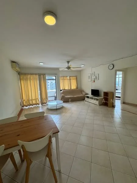 Living features: cream painted walls, tile flooring, 5-blade ceiling fan with light, recessed downlights, floor-to-ceiling windows, sheer curtains, sofa in beige, coffee table, TV console, wall-mounted TV, dining table with 4 chairs, decorative wall clock; style: modern; view: city.
