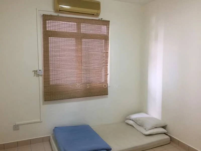 Bedroom features: white painted walls, tile flooring, single bed mattress on the floor, blue bed sheet, two white pillows, window with wooden blinds, wall-mounted air conditioning unit.