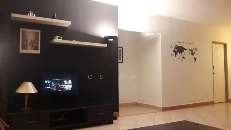 Living features: black feature wall, light beige painted walls, tile flooring, wall-mounted TV, black TV console, decorative wall art, shelf with decorative items, table lamp, corner floor lamp, framed artwork, light switch, doorway leading to another room; style: modern.