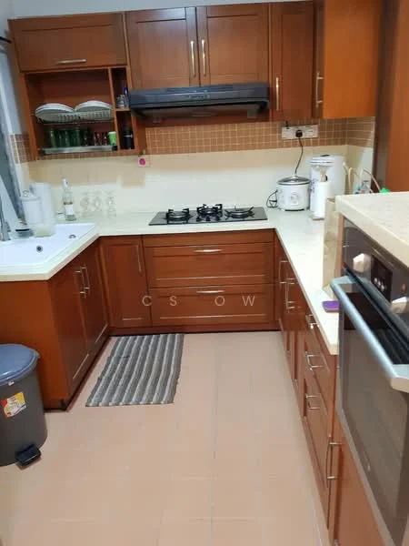 Kitchen features: brown wooden cabinetry, white countertop, stainless-steel sink, chrome pull-down faucet, 4-burner gas hob, built-in oven, tile backsplash, grey and white striped area rug, kitchen appliances, glass storage jars, wall-mounted range hood, under-cabinet lighting; style: modern.
