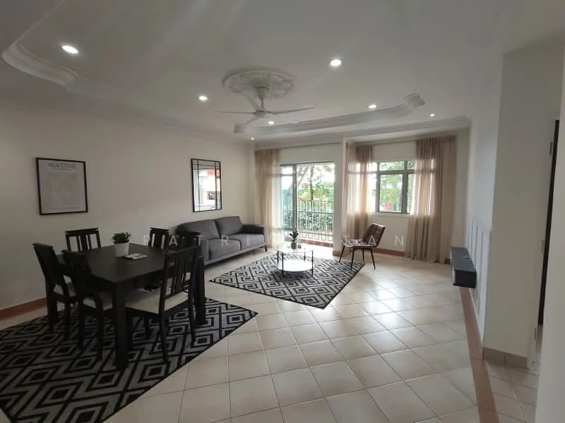 Living features: 5-blade ceiling fan with light, sofa in grey fabric, 6-seater dining table, black dining chairs, coffee table with glass top, area rug with geometric pattern, floor-to-ceiling windows, curtains, wall-mounted artwork, tile flooring, crown moulding, recessed downlights; style: modern; view: garden.