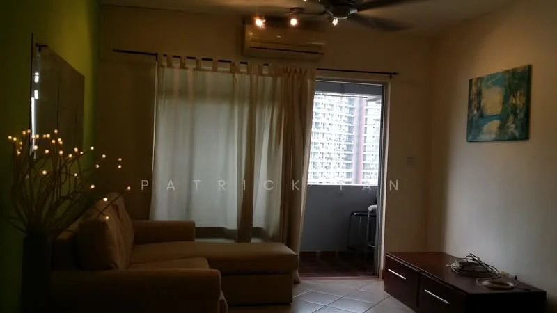 Living features: 3-seater fabric sofa in beige, ceiling fan, recessed downlights, white sheer curtains, green accent wall, tile flooring, wooden coffee table, decorative wall art, window with city view; style: modern; view: city. Room features: air conditioning unit, window with sheer curtains.