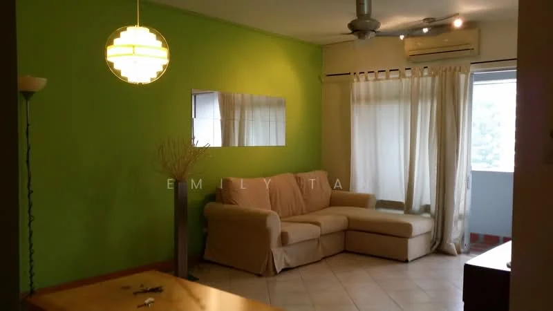 Living features: green painted walls, cream fabric L-shape sectional sofa, coffee table, floor lamp, mirror on wall, curtains, ceiling fan, wall-mounted air conditioning unit, tile flooring, decorative plant; style: modern.
