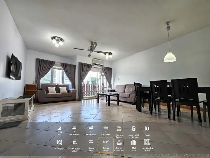 Living features: light grey walls, tile flooring, 5-blade ceiling fan with light, recessed downlights, sofa in beige, coffee table, TV console, wall-mounted TV, dining table with 4 chairs, sliding glass door, curtains, balcony view, decorative wall art; style: modern; view: city.