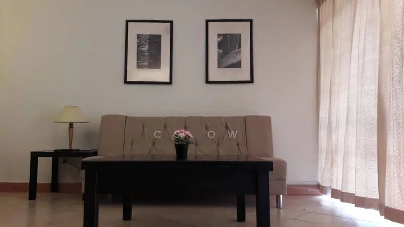 Living features: beige tufted sofa, black wooden coffee table, table lamp with cream shade, two framed artworks on wall, floor-to-ceiling windows with sheer curtains, cream painted walls, tile flooring, decorative plant on coffee table; style: modern.