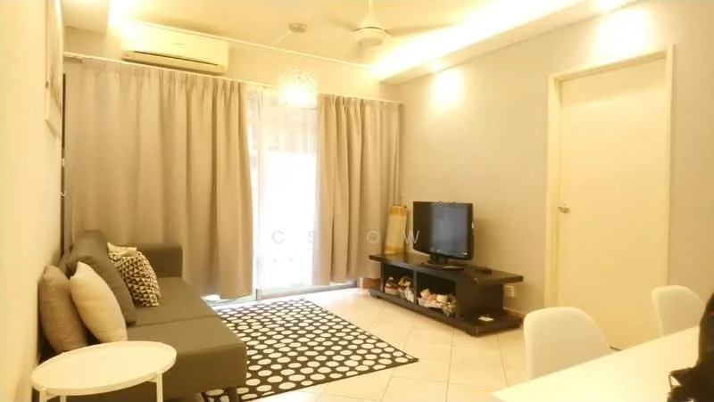 Living features: grey fabric sofa, black and white area rug with geometric pattern, wall-mounted TV, TV console, white dining table, 4 white dining chairs, floor-to-ceiling curtains, sliding glass door, 1 wall-mounted split AC, recessed downlights, cream painted walls, tile flooring; style: modern.