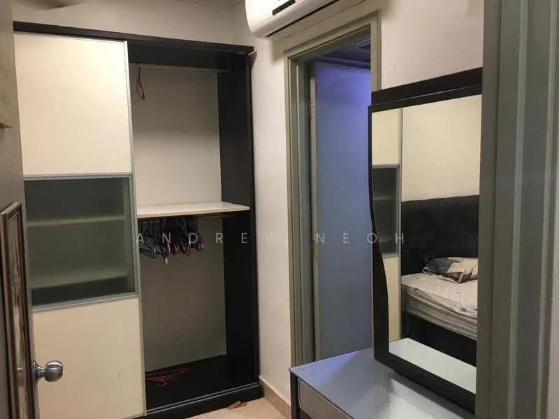 Room features: built-in wardrobe with sliding doors, mirror on dresser, light-colored flooring, air conditioning unit, neutral wall color, door leading to another room; style: modern.
