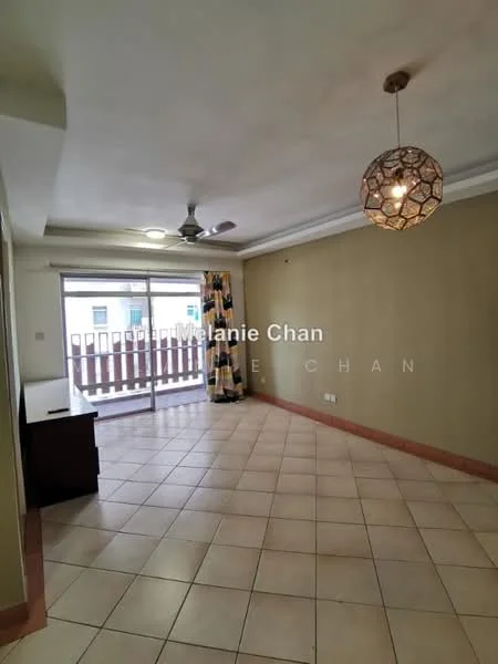 Living features: cream painted walls, tile flooring, 5-blade ceiling fan with light, pendant light, sliding glass door, floor-to-ceiling windows, curtains, balcony view; style: modern.