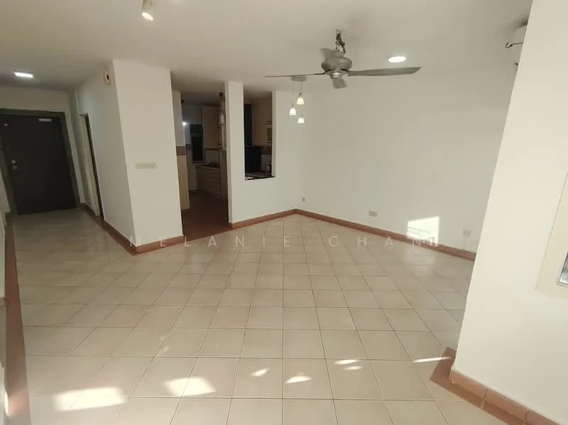 Living features: cream tiled flooring, white painted walls, 5-blade ceiling fan with light, recessed downlights, large window, open layout, doorway to kitchen, wall-mounted light switch; style: modern.