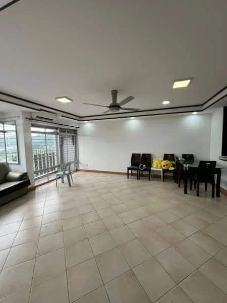 Living features: cream painted walls, white ceiling with recessed downlights, 5-blade ceiling fan, large sliding glass door, floor-to-ceiling windows, tiled flooring, dining table with chairs, sofa, balcony view; style: modern; view: city.