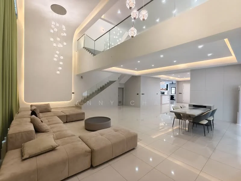 Living features: large beige sectional sofa, round coffee table, high ceiling with recessed lighting, chandelier with multiple bulbs, floor-to-ceiling windows with sheer curtains, white painted walls, glossy white tile flooring, open layout to dining area and kitchen, staircase with glass railing; style: modern.