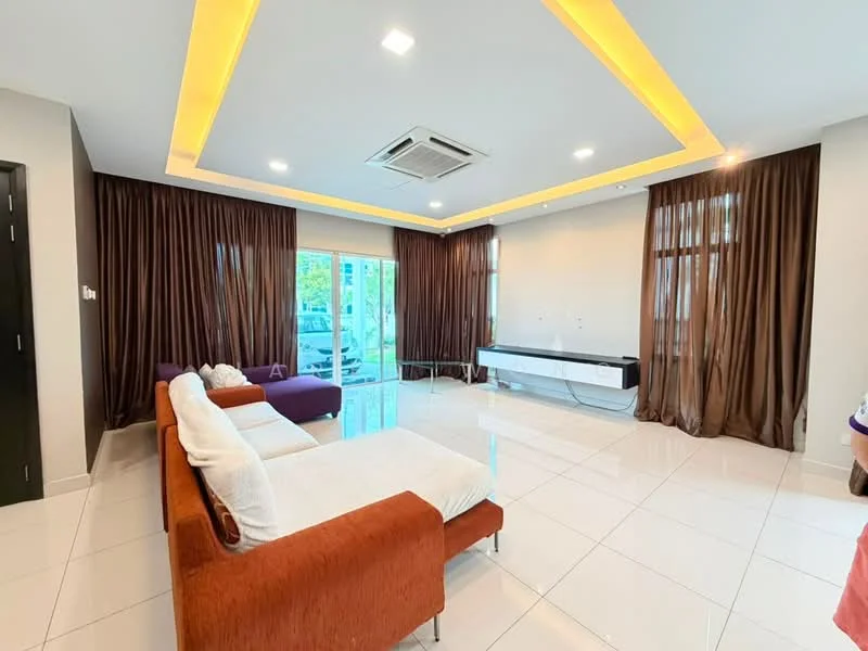 Living features: L-shape sectional sofa in orange and white, white throw pillows, recessed ceiling with LED strip lighting, split air conditioning unit, large floor-to-ceiling windows, sheer curtains in brown, dark wood door, white TV console, glossy white tiled flooring, decorative wall with neutral paint, wall-mounted TV, coffee table, decorative plants; style: modern.