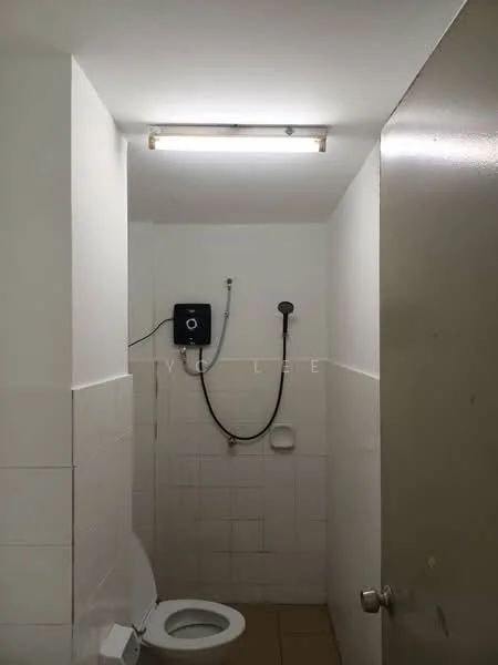 Bathroom features: white painted walls, ceramic tile flooring, one-piece toilet, shower with handheld shower head, wall-mounted shower control, light fixture on ceiling.