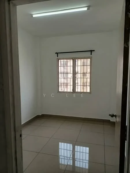 Room features: white painted walls, glossy ceramic tile flooring, single window with metal grille, ceiling light fixture, neutral color scheme, no visible furniture, plain window treatment, corner door frame; style: minimalist.