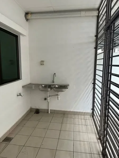 Laundry features: double-bowl stainless-steel sink, chrome pull-down faucet, white tiled walls, light grey tiled flooring, window with security grille, drainage outlet, wall-mounted plumbing fixtures; style: modern.