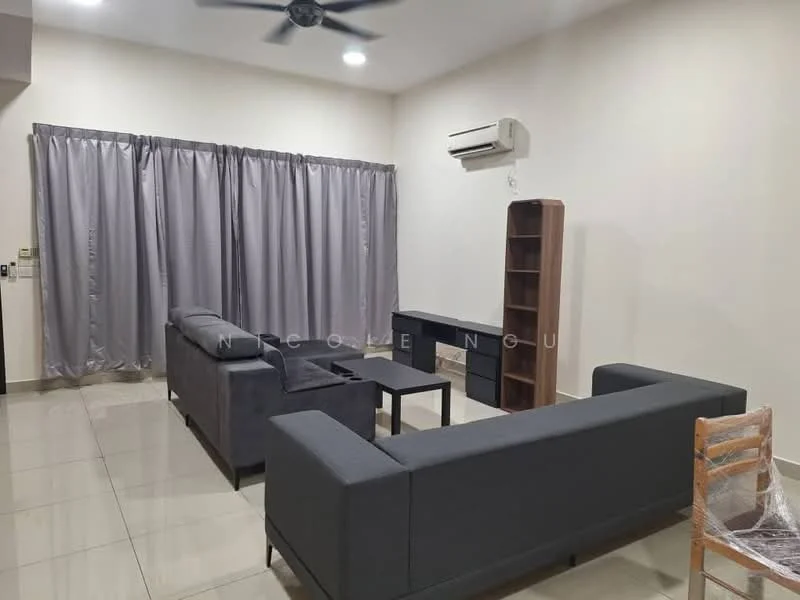 Living features: grey fabric L-shape sectional sofa, 2-seater fabric sofa, black coffee table, wooden bookshelf, wall-mounted split AC, 5-blade ceiling fan, cream painted walls, glossy ceramic tile flooring, floor-to-ceiling curtains, decorative wall art, open space layout; style: modern.