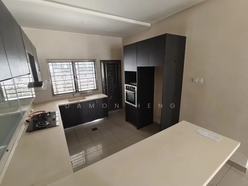 Kitchen features: black cabinetry, white countertop, built-in oven, gas cooktop with 4 burners, double-bowl stainless-steel sink, window with grid design, tile flooring, neutral wall color, open layout; style: modern.
